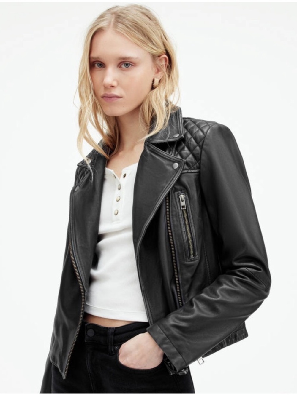 All Saints Black Quilted Leather Cargo Biker Jacket